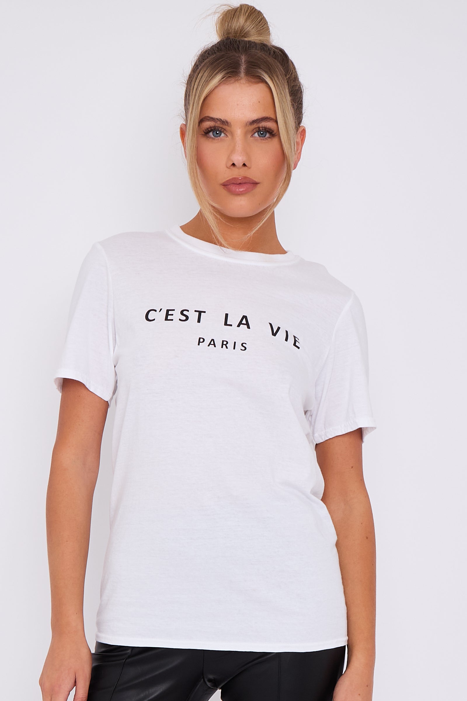 White C'est La Vie Short Sleeve Round Neck T Shirt-0