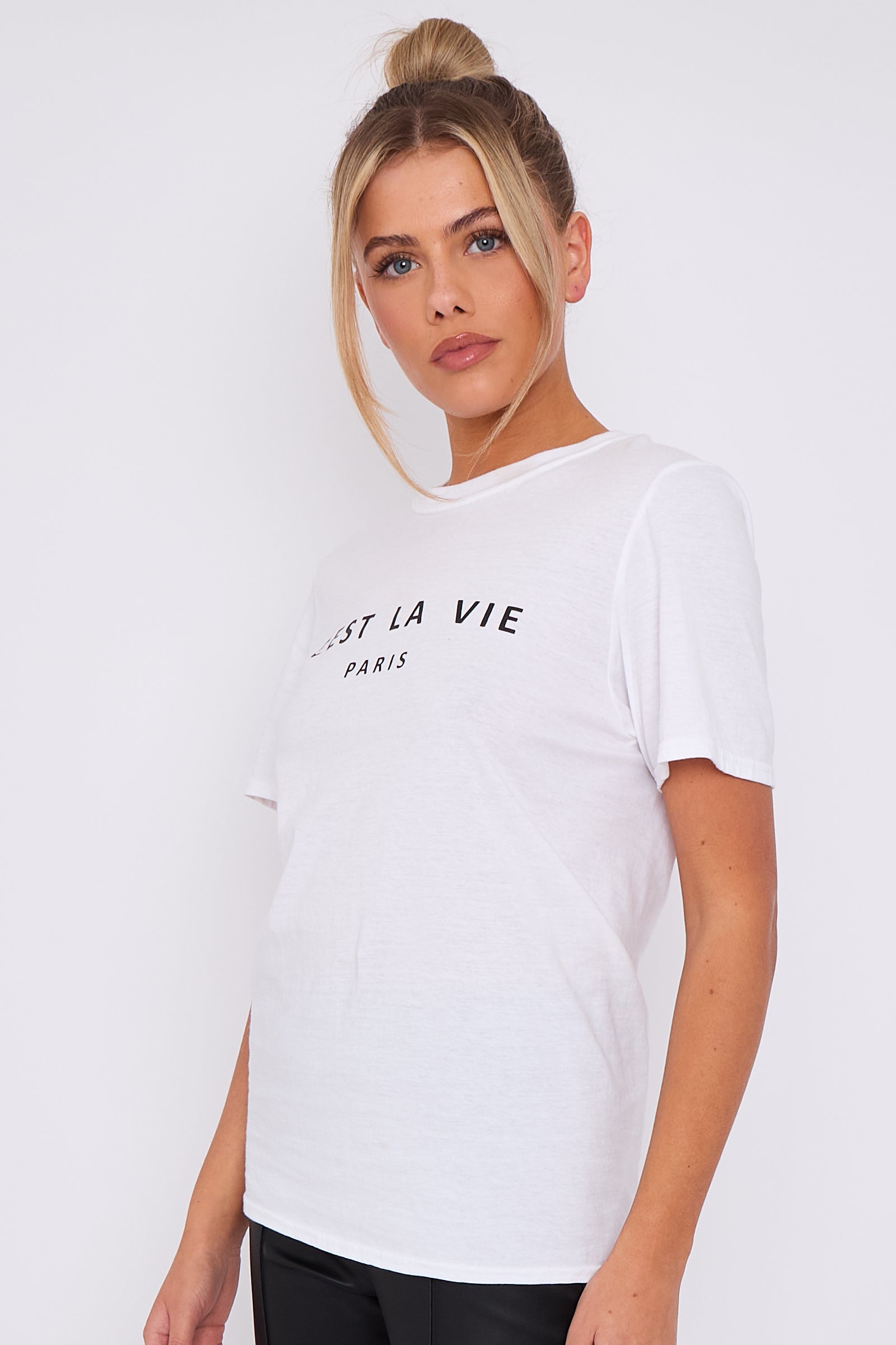White C'est La Vie Short Sleeve Round Neck T Shirt-3