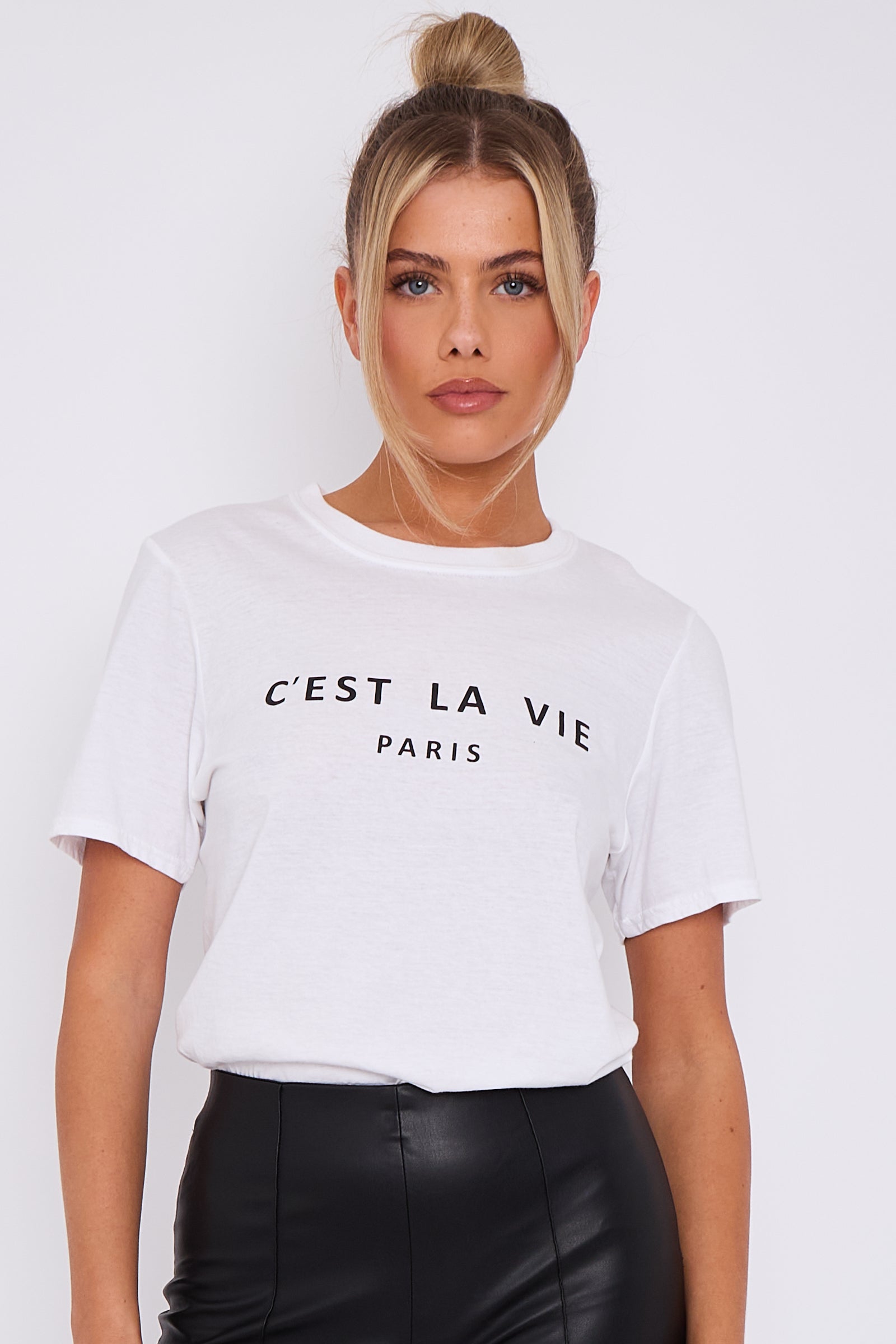 White C'est La Vie Short Sleeve Round Neck T Shirt-1