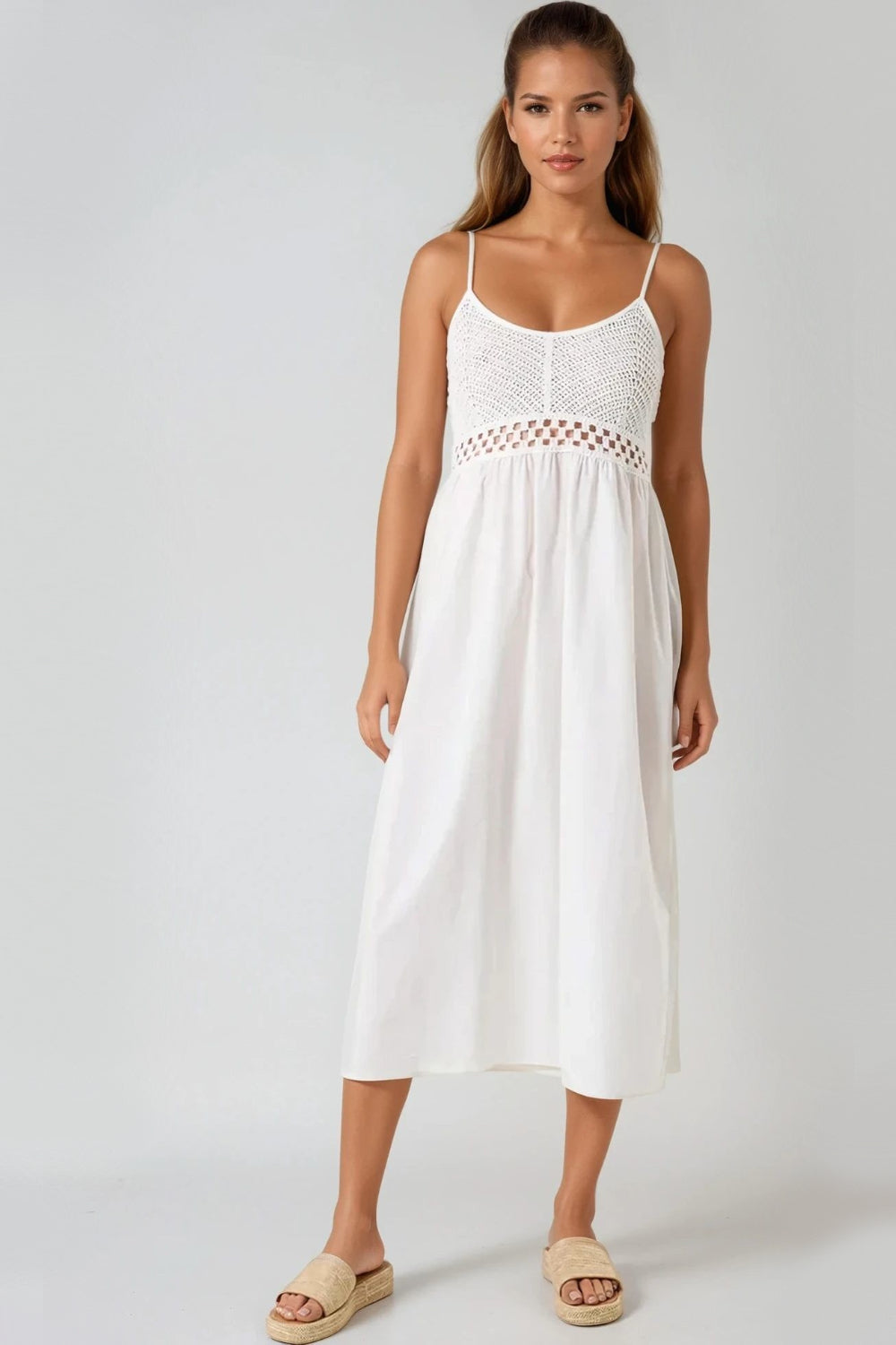 White Crochet Cami Midi Dress-0